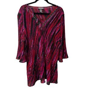 CATHERINES BLOUSE BEADED NECKLINE COLORFUL PLEATED STRETCH 3/4 SLEEVE SIZE 2X
